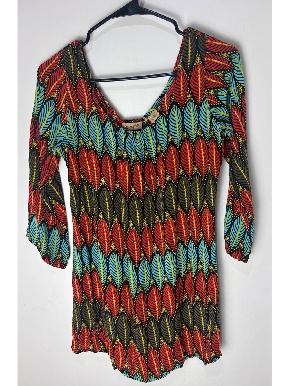 Wrangler Women’s Small Multicolor Leaf Print Boho Tunic Top Lace Back 3/4 Sleeve